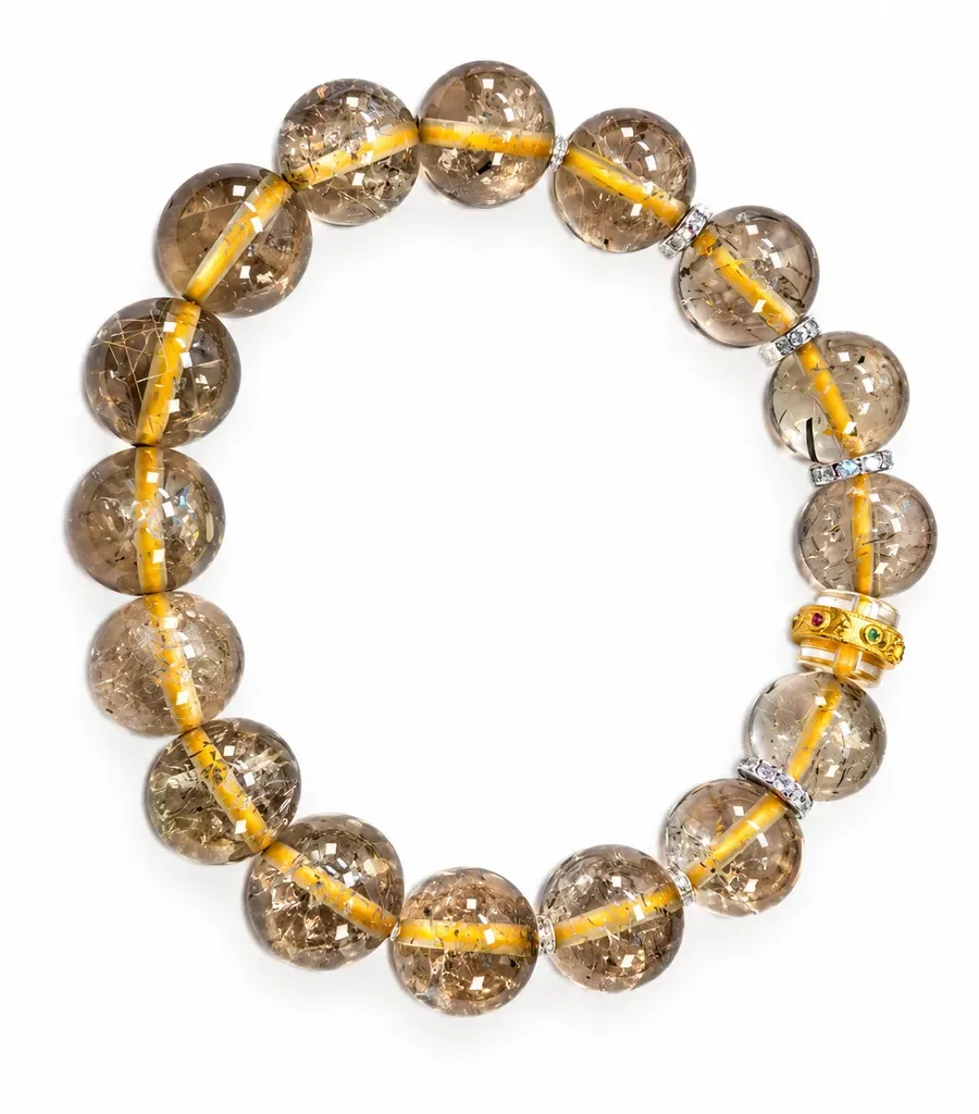 S11# Natural Tea-Colored Quartz and Golden Quartz S925 Silver Gold-Plated Diamond-Set Good Luck Bead Bracelet