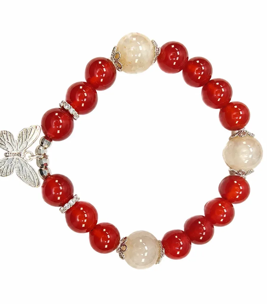 S12# Natural Red Agate and Clear Quartz S925 Sterling Silver Openwork Butterfly Pendant Bracelet