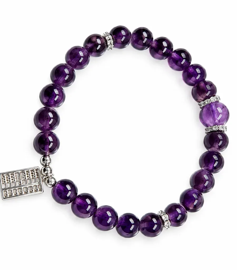 S13# Natural Uruguayan Amethyst S925 Sterling Silver Abacus Pendant Bracelet with Micro-Set Rhinestones