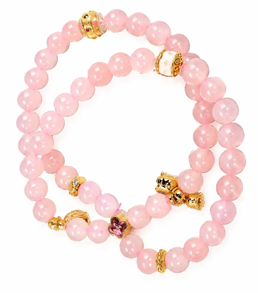 G10# Natural Rose Quartz S925 Gold-Plated Four-Leaf Clover Wealth-Attracting Pixiu Double-Circle Bracelet