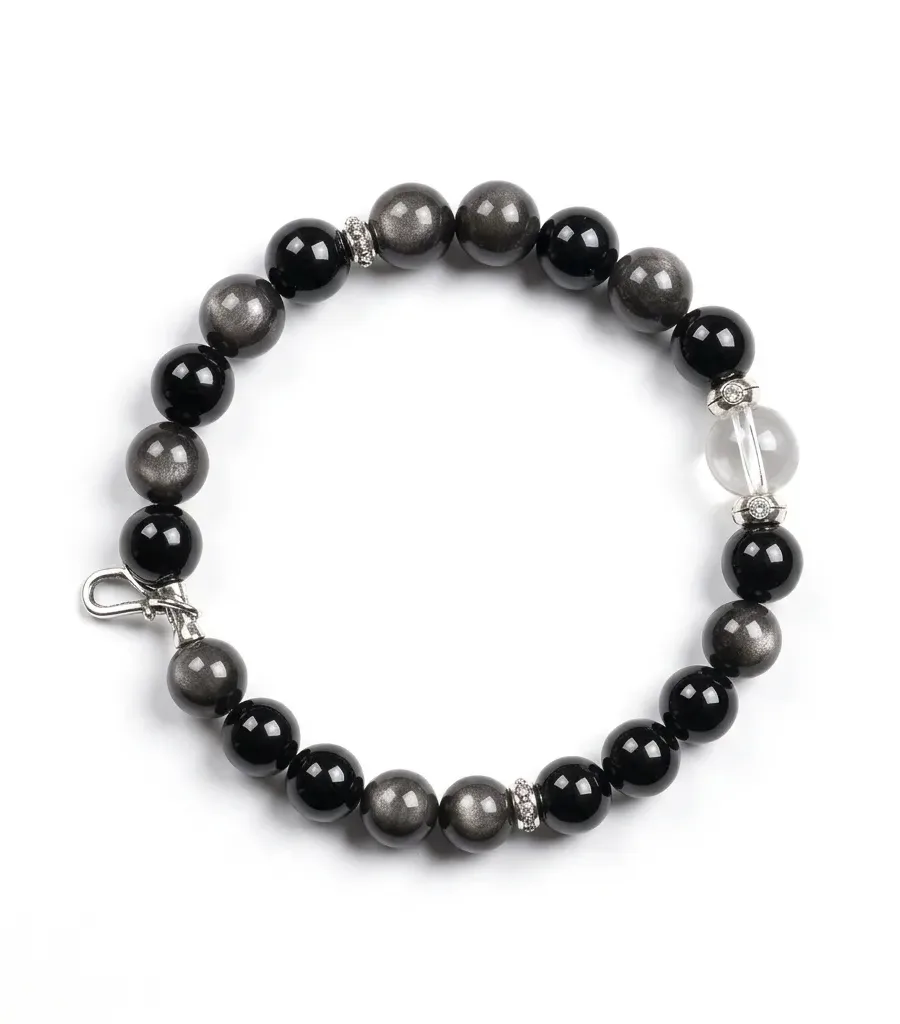 S10# Natural Silver Obsidian, Obsidian, and Clear Quartz S925 Sterling Silver Horseshoe Clasp Pendant Bracelet